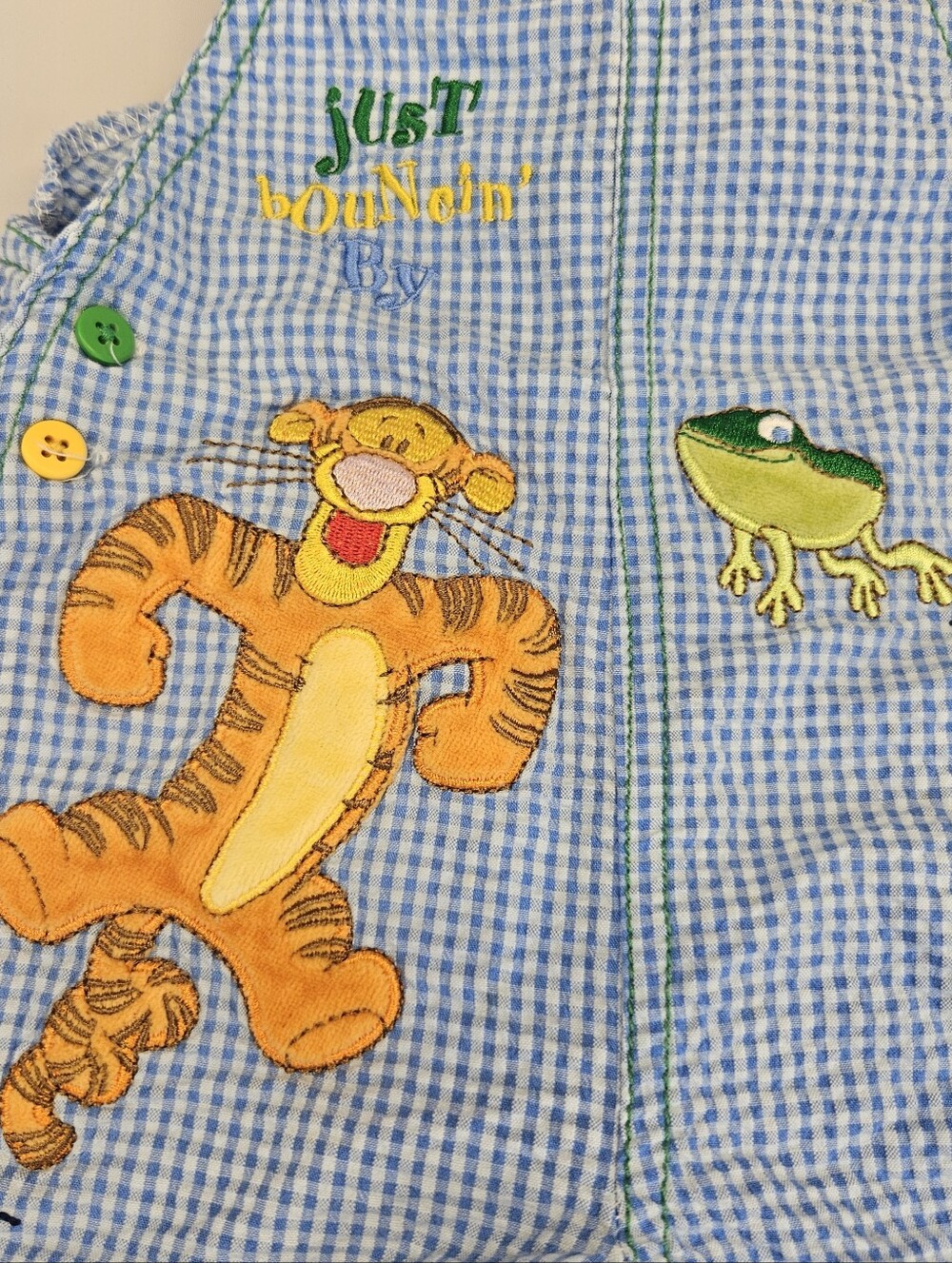 Vtg 1990s Disney Overalls Tigger Baby Just Bouncin' By Gingham Blue White Cotton - Picture 3 of 4